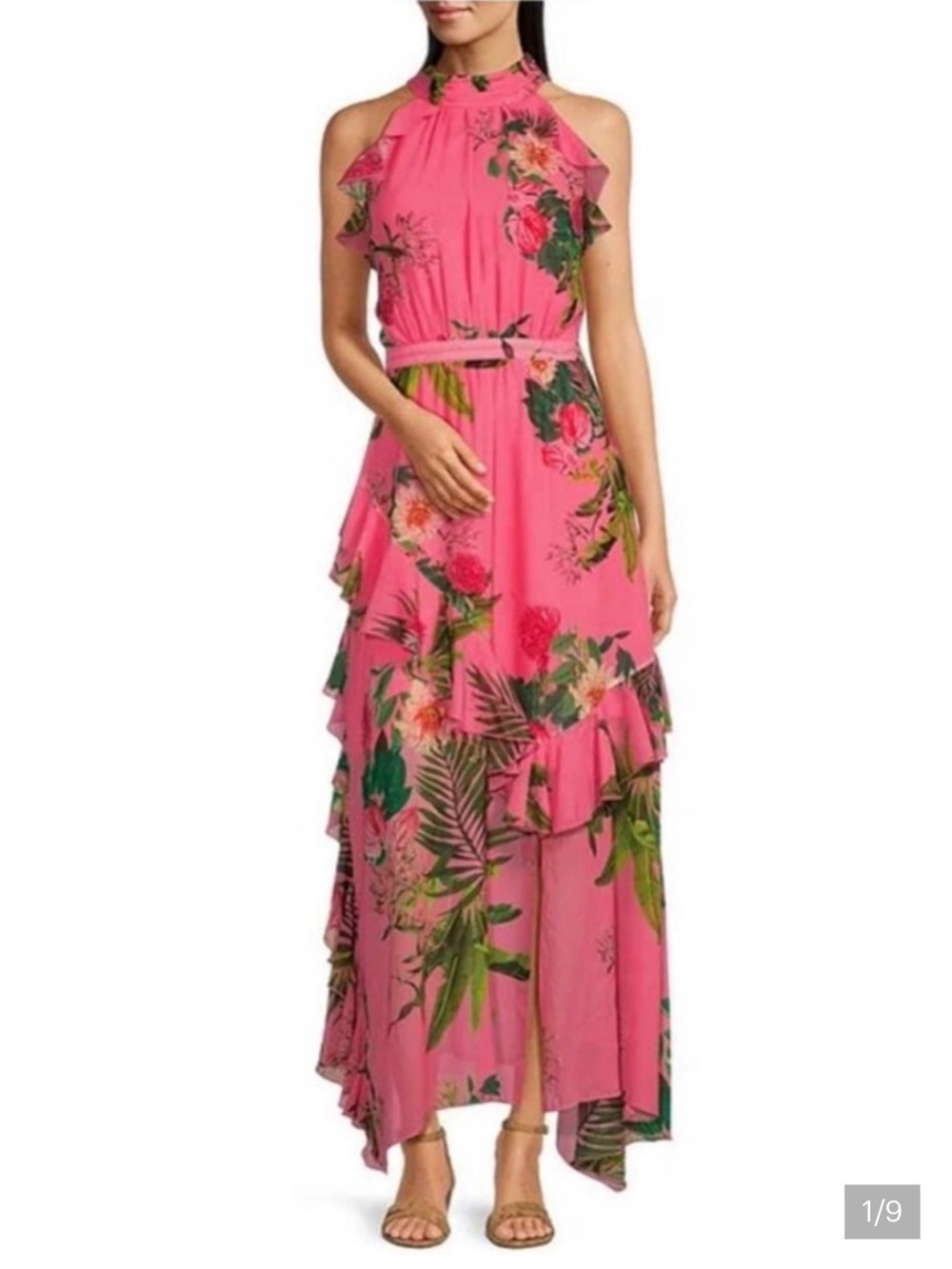 Alex Marie Pink Tropical Floral Halter Ruffle Maxi Dress from Dillards